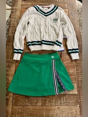 Wilson Tennis set white cable knit sweater and green skort preppy athletic NWT L